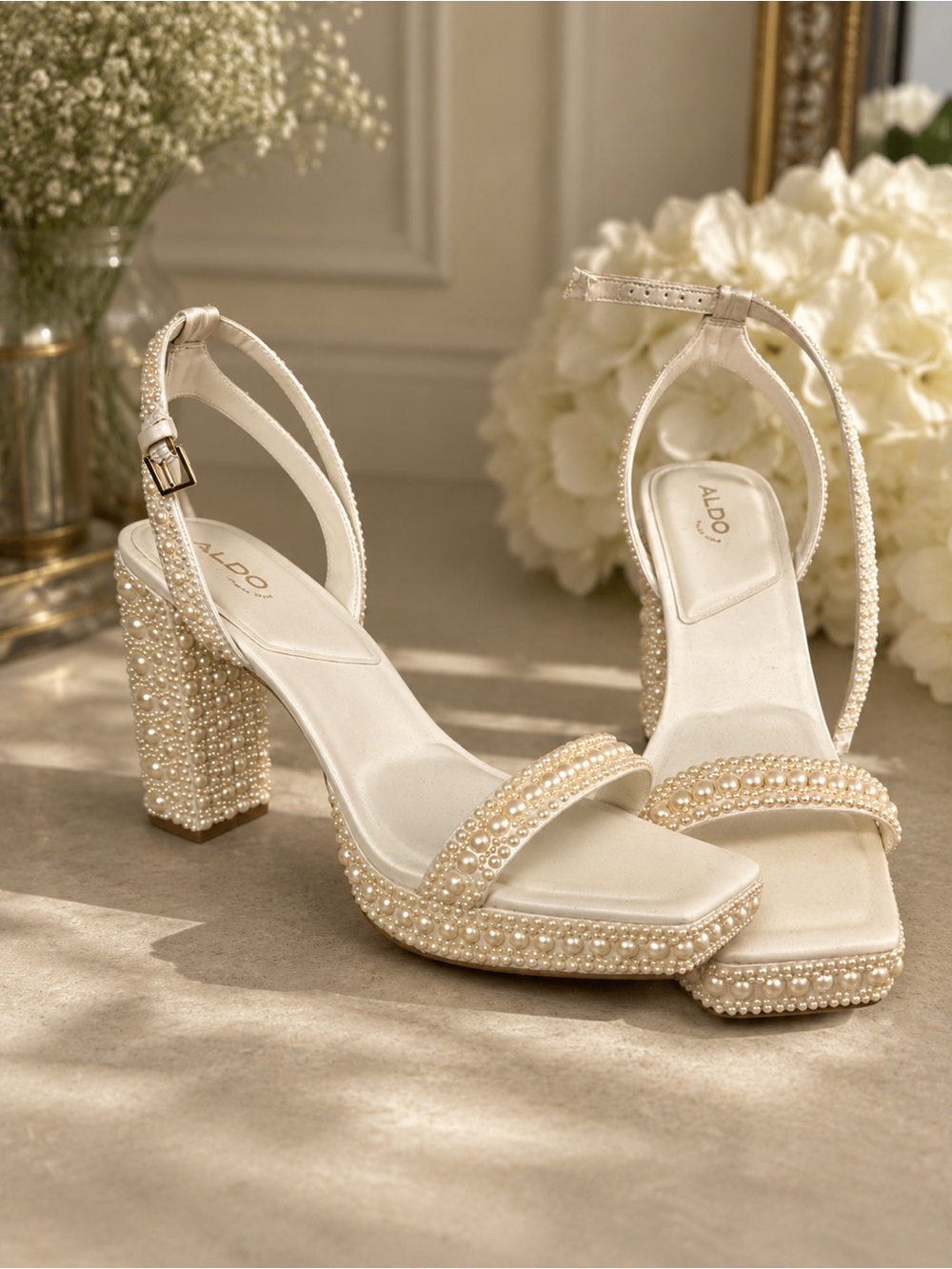 Aldo Pearl-Embellished Ivory Block Heel Sandals